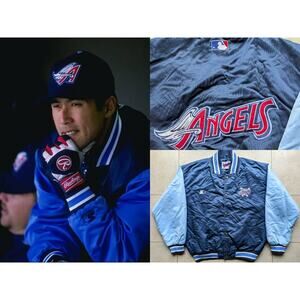 Anaheim Angels 90s STARTER satin DISNEY Wing Diamond jacket L navy blue MLB vtg